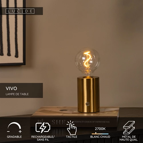 Lucide VIVO - Lampe de table Rechargeable - Batterie/Piles - Ø 8 cm - LED Dim. - E27 - 1x1W 2700K - Or Mat / Laiton - USP